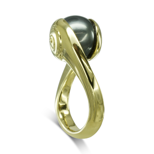 Gold Spiral Suspended Tahitian Pearl Ring