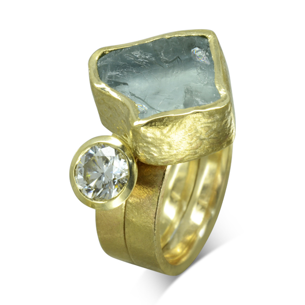 Aquamarine Chunk Diamond Stacking Engagement Ring
